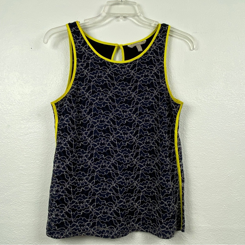 Banana Republic Womens Size 8 Top Blue Lace Top Yellow Piping Sleveless Lined